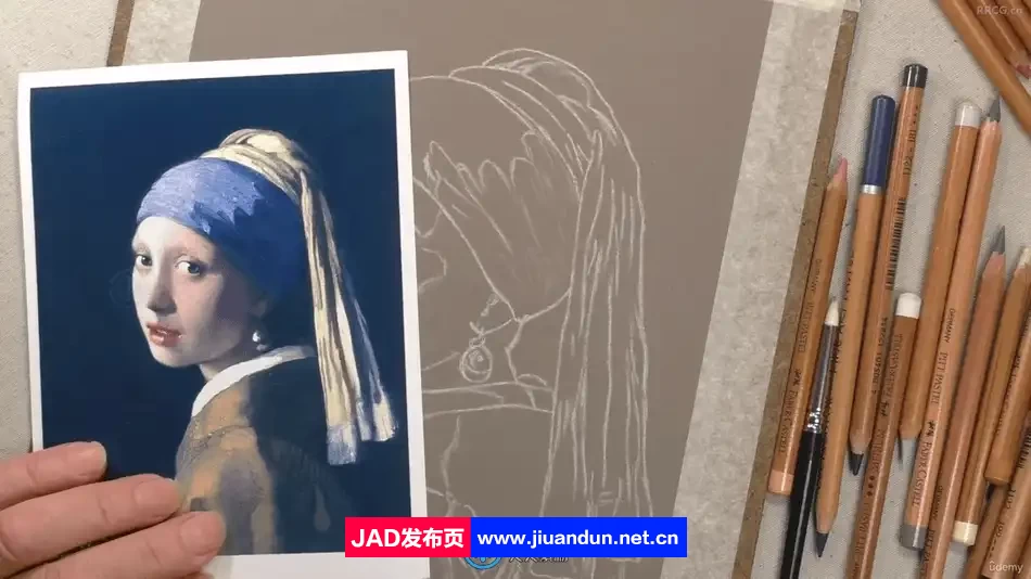 戴珍珠耳环的女孩粉彩铅笔绘画视频教程 CG 第5张