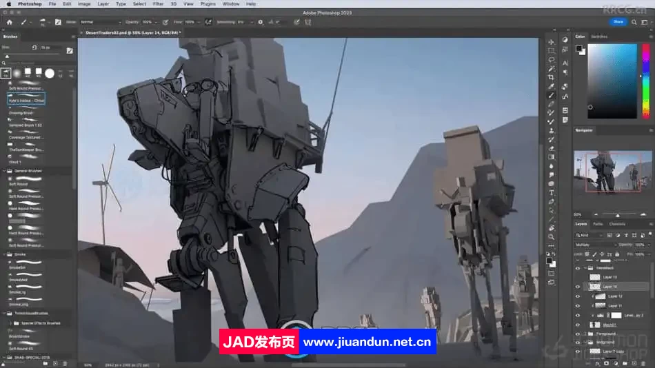机甲战争概念艺术场景插画从3D到2D绘制流程视频教程 CG 第8张